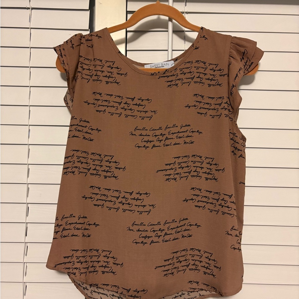 Sweet Rain Brown Script Print Blouse